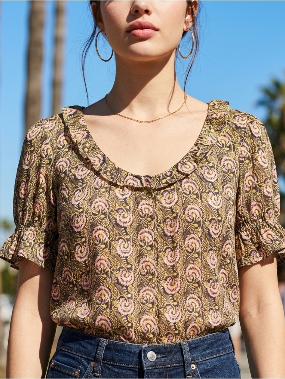 J. Crew Dandelion Swirl Ruffle Satin Top in Black, Pink & Gold